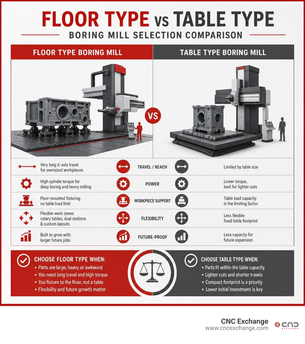 Floor type versus table type boring mill selection comparison infographic