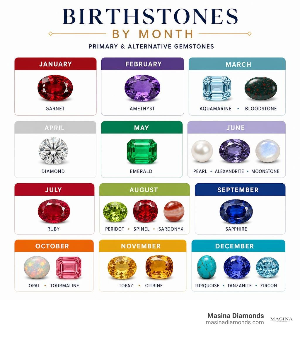 January to December birthstone calendar with primary and alternative gemstones infographic January to December birthstone calendar with primary and alternative gemstones infographic