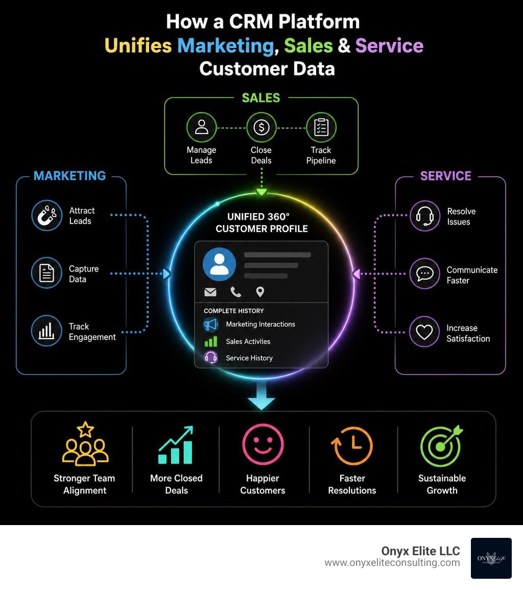 How a CRM platform unifies marketing sales and service customer data infographic