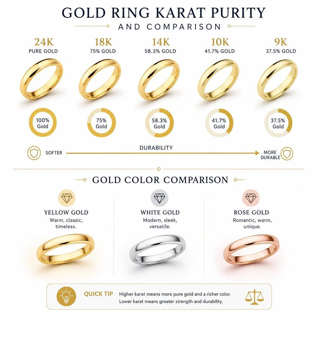 Gold ring karat purity and color comparison infographic