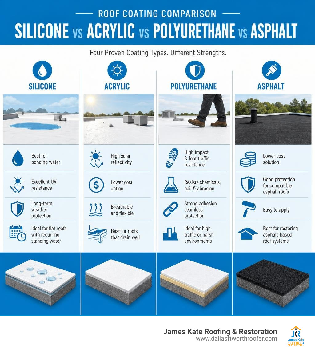 Infographic comparing silicone acrylic polyurethane and asphalt roof coatings infographic Infographic comparing silicone acrylic polyurethane and asphalt roof coatings infographic