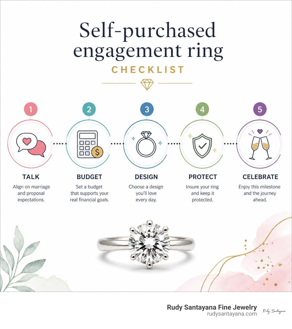 Self-purchased engagement ring checklist: talk, budget, design, protect, celebrate infographic