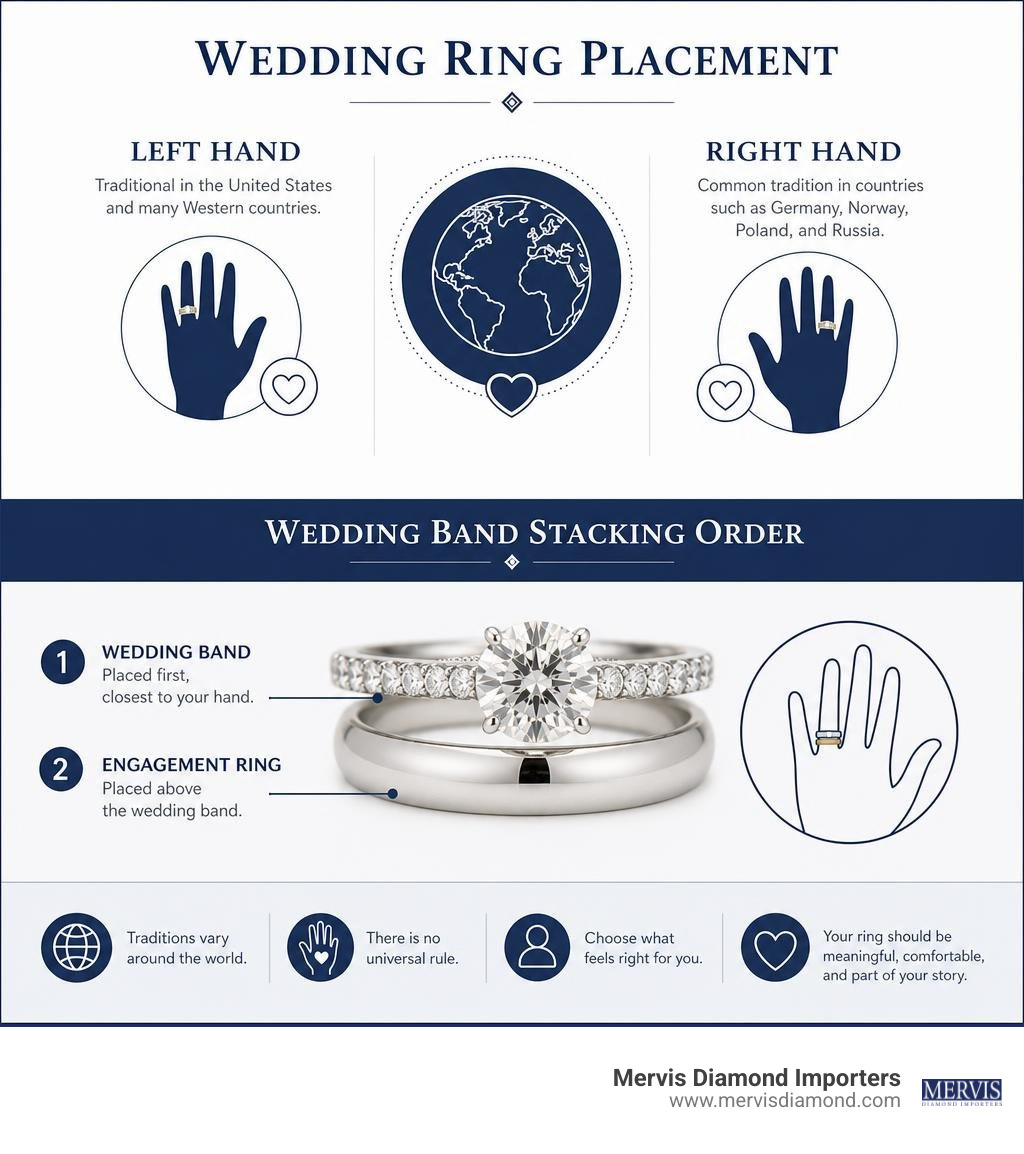 Wedding ring placement: left or right hand and wedding band stacking order infographic Wedding ring placement: left or right hand and wedding band stacking order infographic