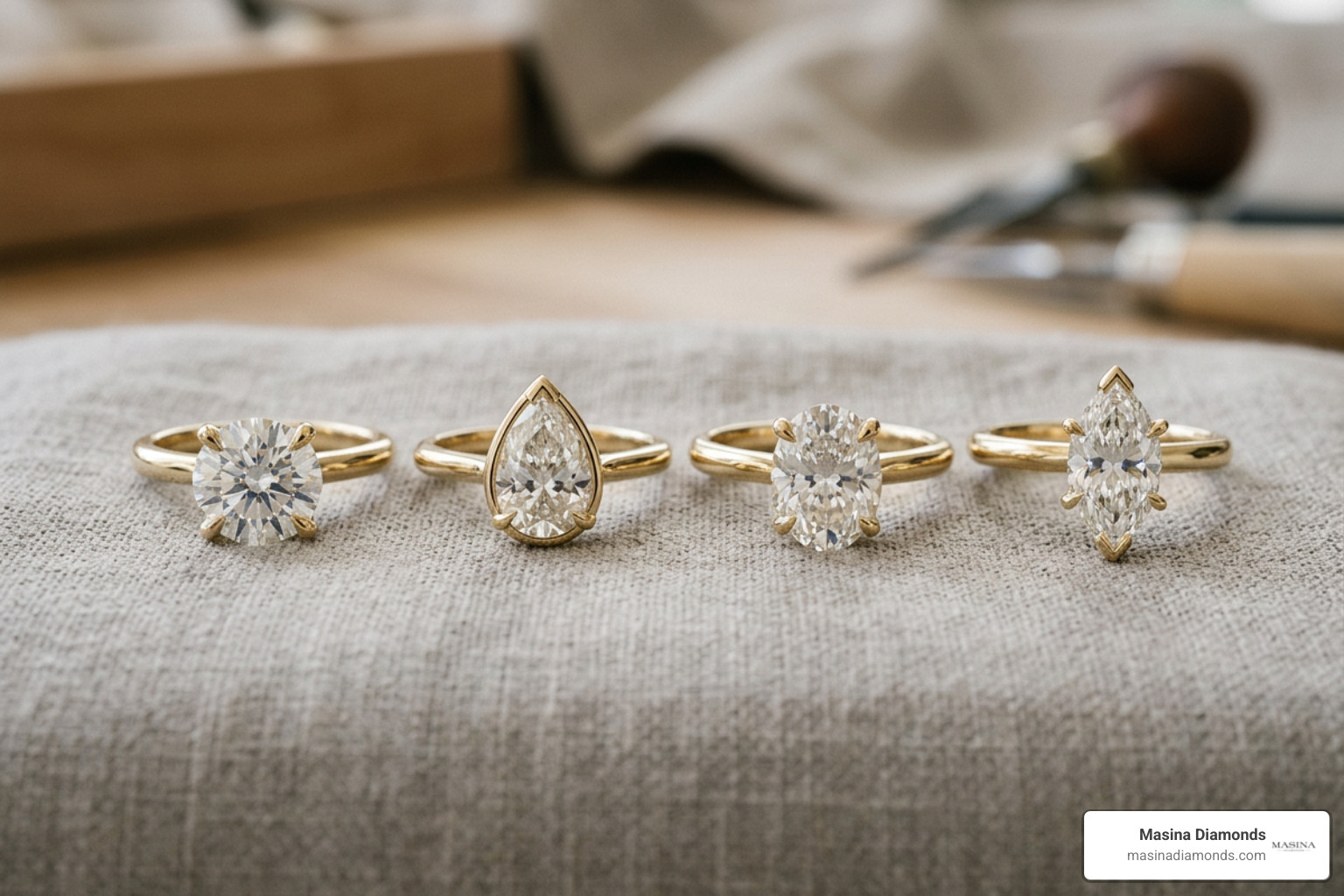 Various diamond shapes including round, pear, oval, and marquise in protective gold settings