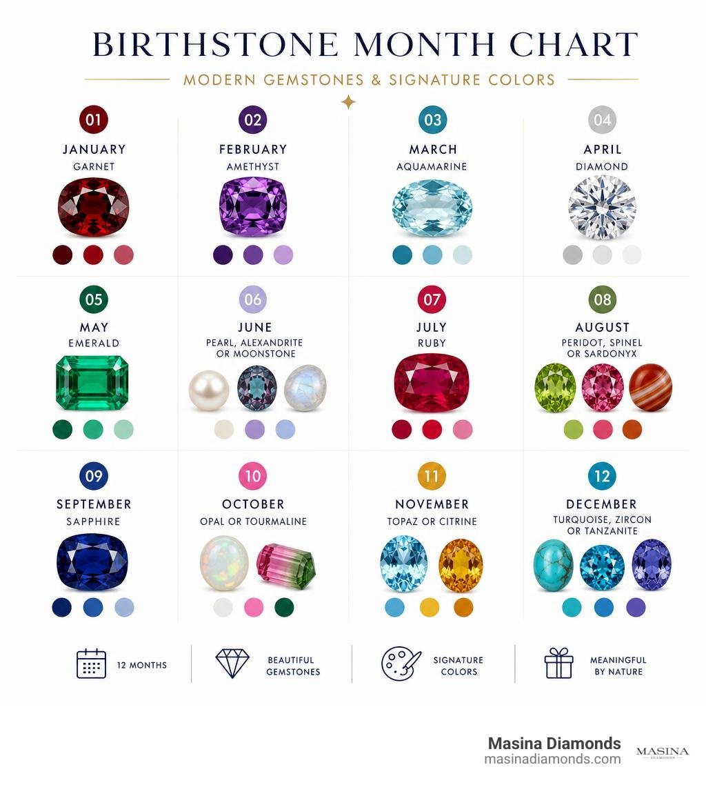 Birthstone month chart with modern gemstones and signature colors infographic