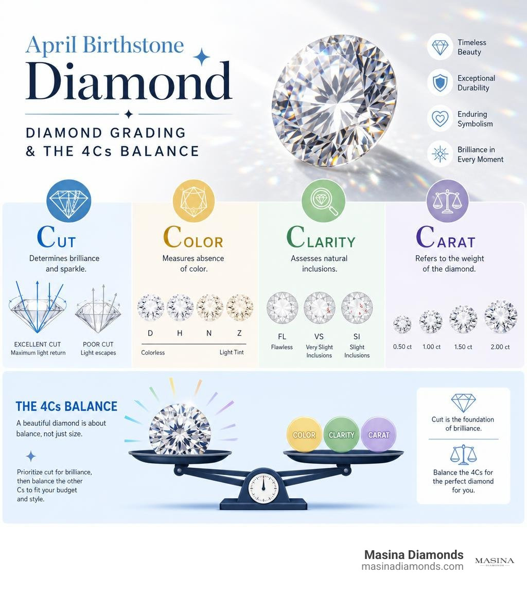 Diamond grading and 4Cs balance for custom April birthstone jewelry infographic