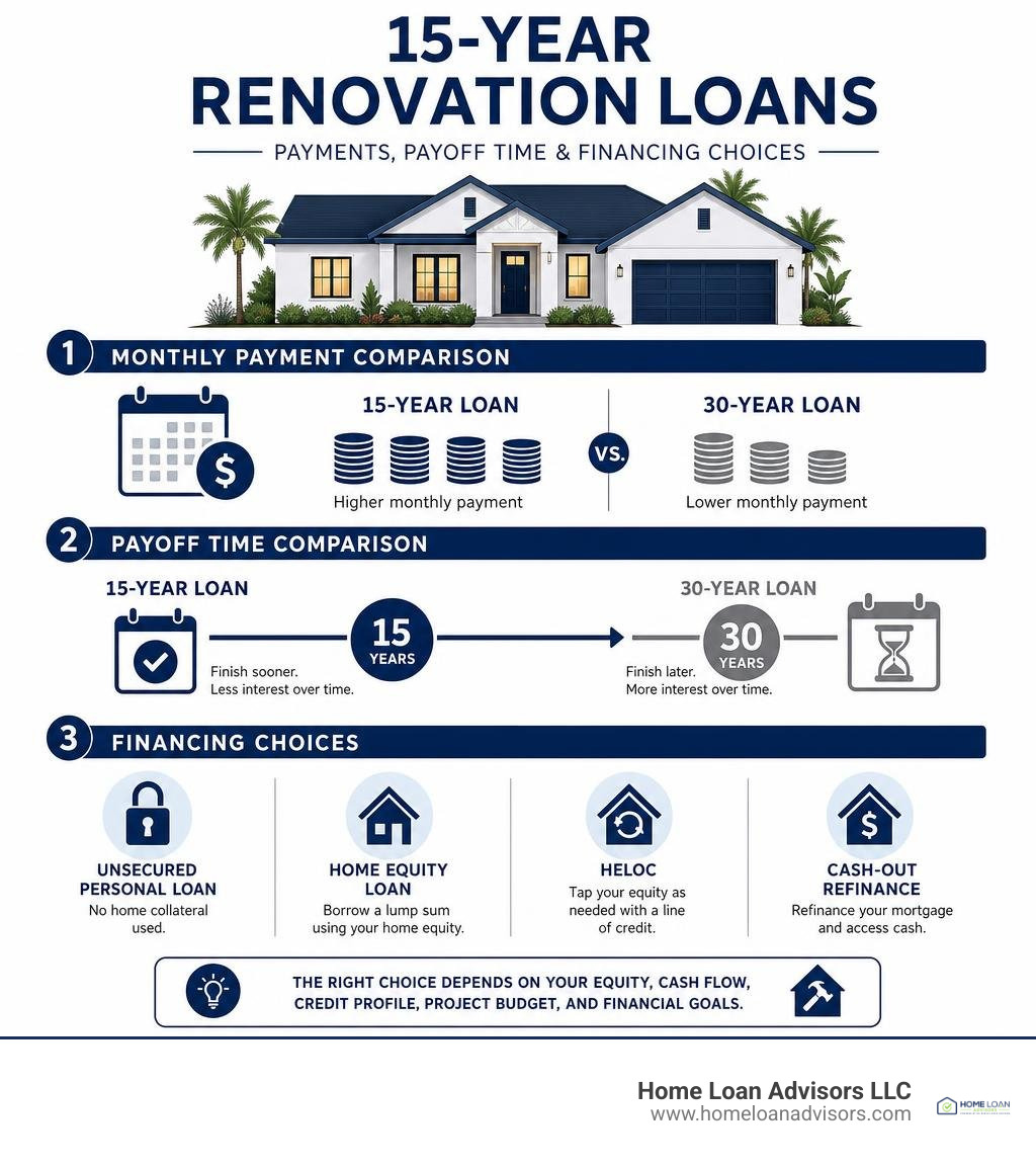 Infographic comparing 15-year renovation loan payments, payoff time, and financing choices infographic