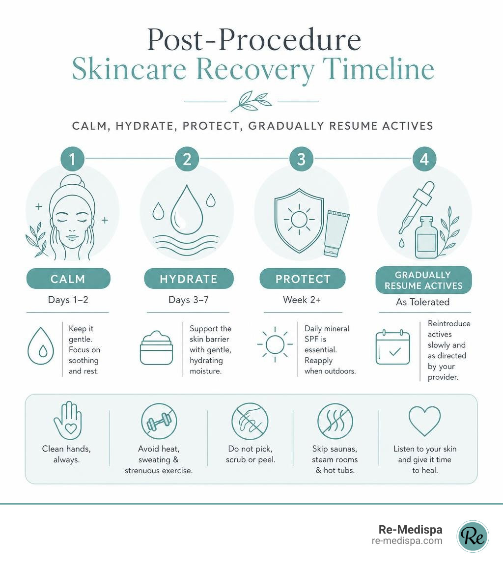 post-procedure skincare recovery timeline: calm, hydrate, protect, gradually resume actives infographic