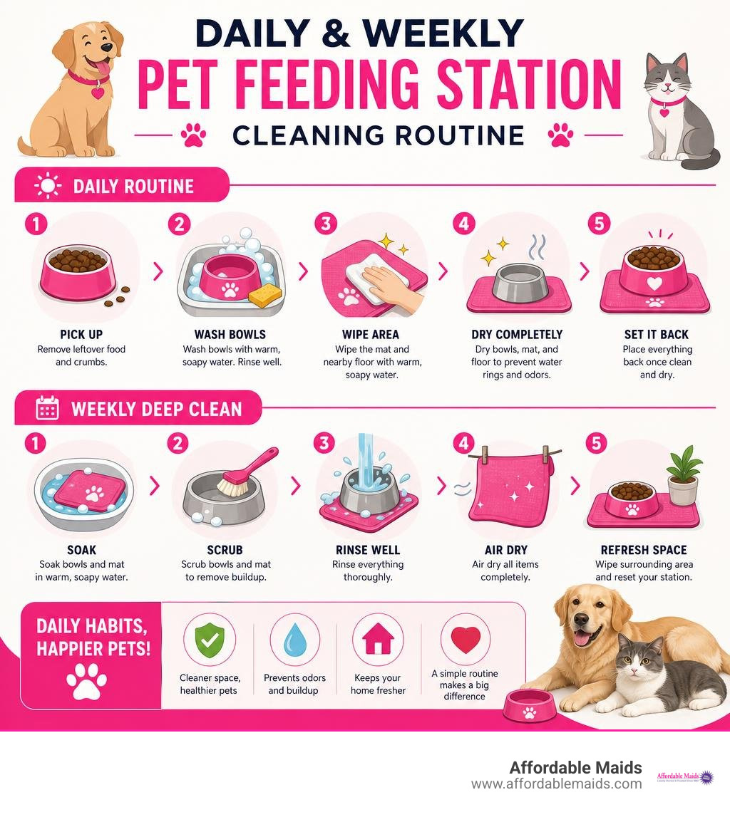 Daily and weekly pet feeding station cleaning routine infographic Daily and weekly pet feeding station cleaning routine infographic