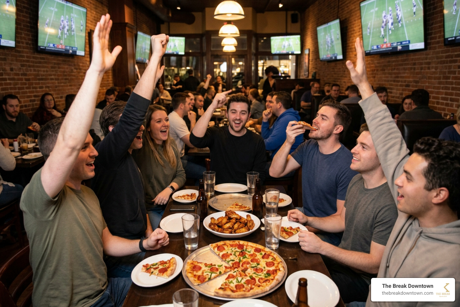 Fans cheering on their team while sharing hot pizza and wings at a sports grill Fans cheering on their team while sharing hot pizza and wings at a sports grill