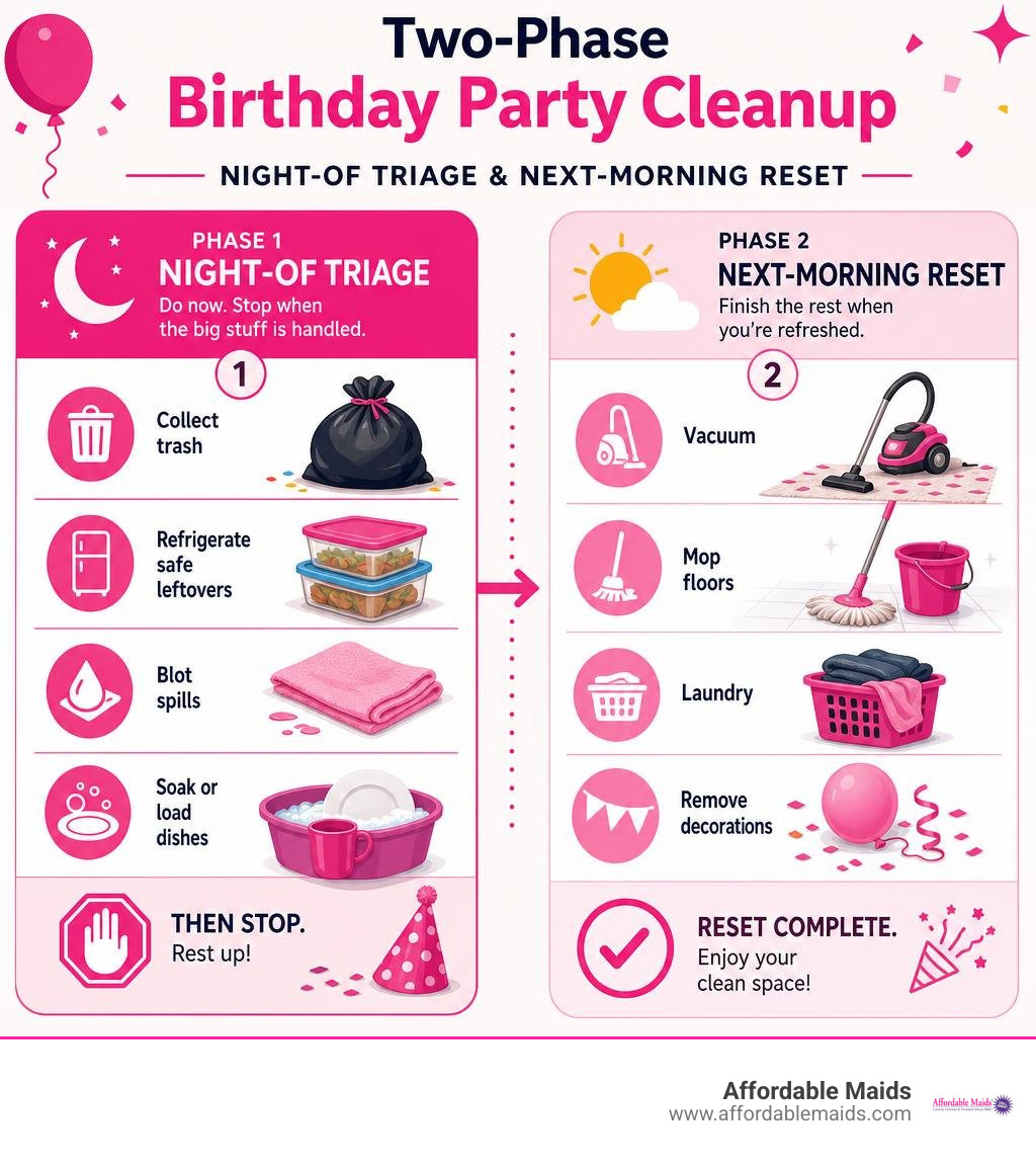 Two-phase birthday party cleanup: night-of triage and next-morning reset infographic Two-phase birthday party cleanup: night-of triage and next-morning reset infographic