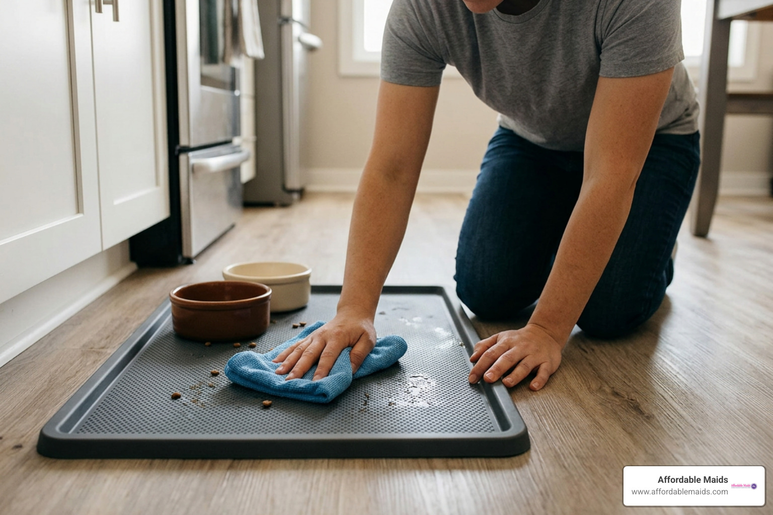 wiping down a pet feeding mat with a microfiber cloth wiping down a pet feeding mat with a microfiber cloth