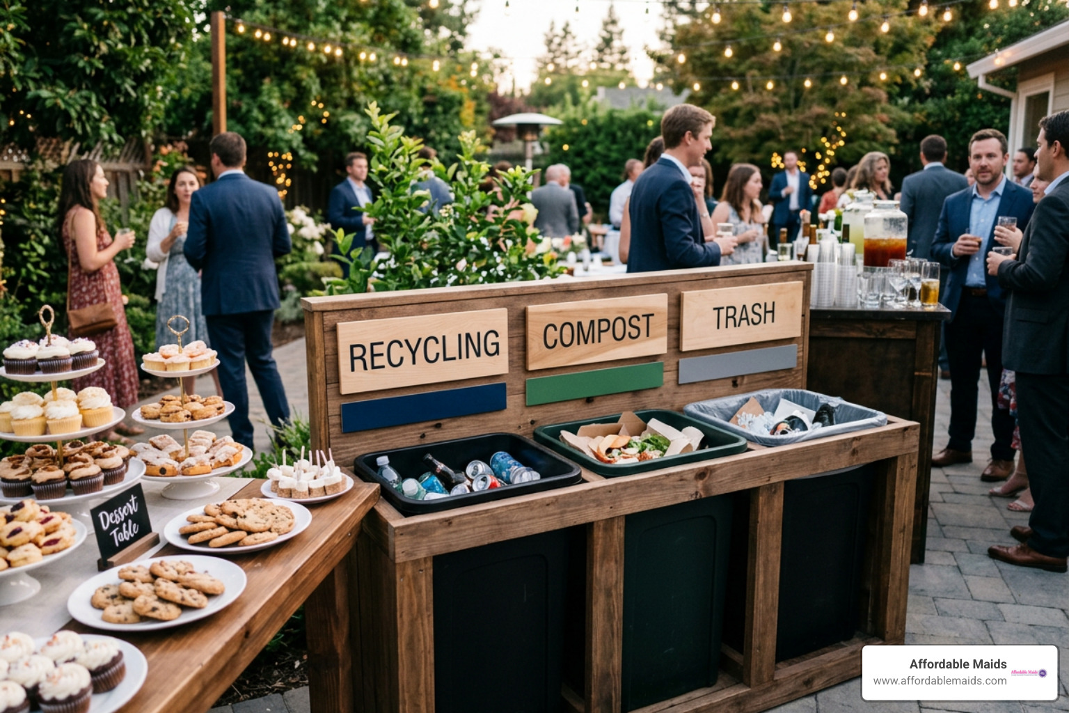 organized party station with labeled recycling and compost bins organized party station with labeled recycling and compost bins