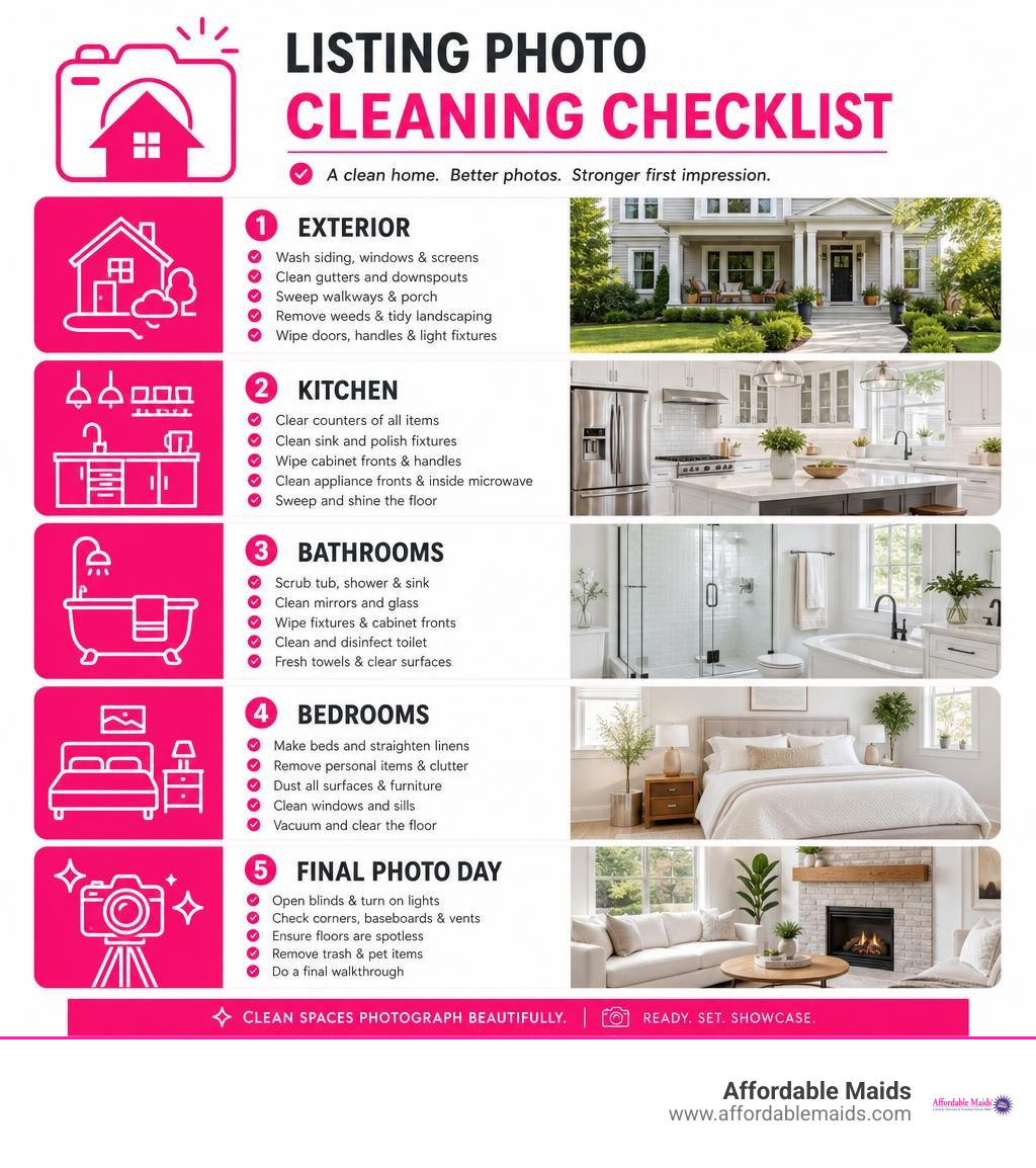 Listing photo cleaning checklist for exterior, kitchen, bathrooms, bedrooms, and final photo day infographic Listing photo cleaning checklist for exterior, kitchen, bathrooms, bedrooms, and final photo day infographic