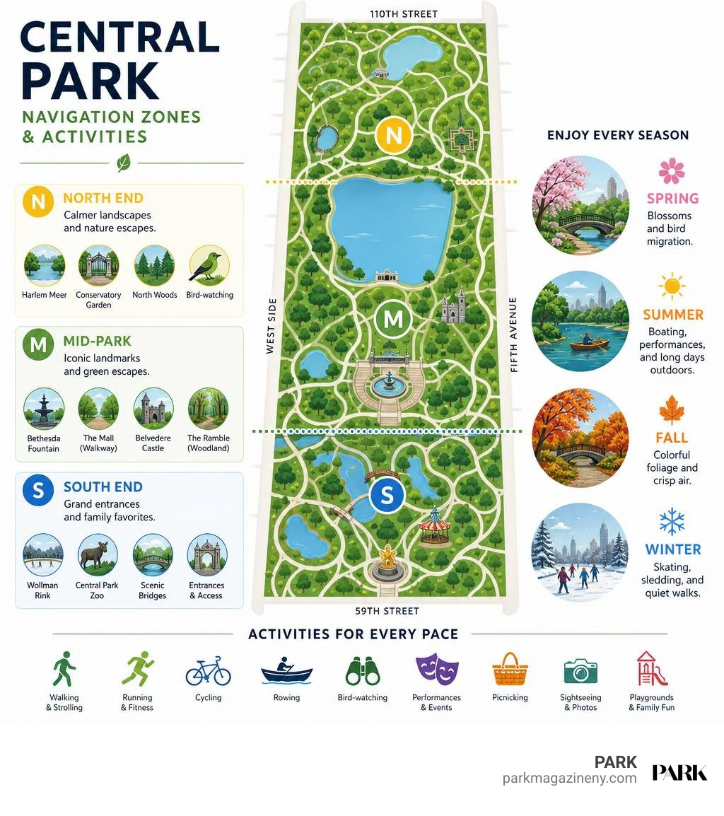 Central Park navigation zones and activities infographic Central Park navigation zones and activities infographic