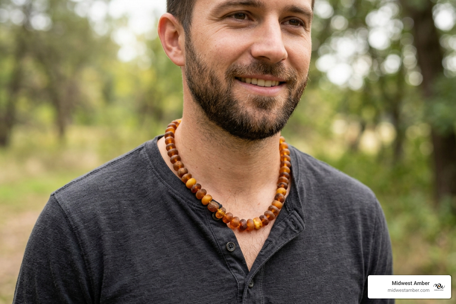 20-inch amber necklace drape on casual menswear