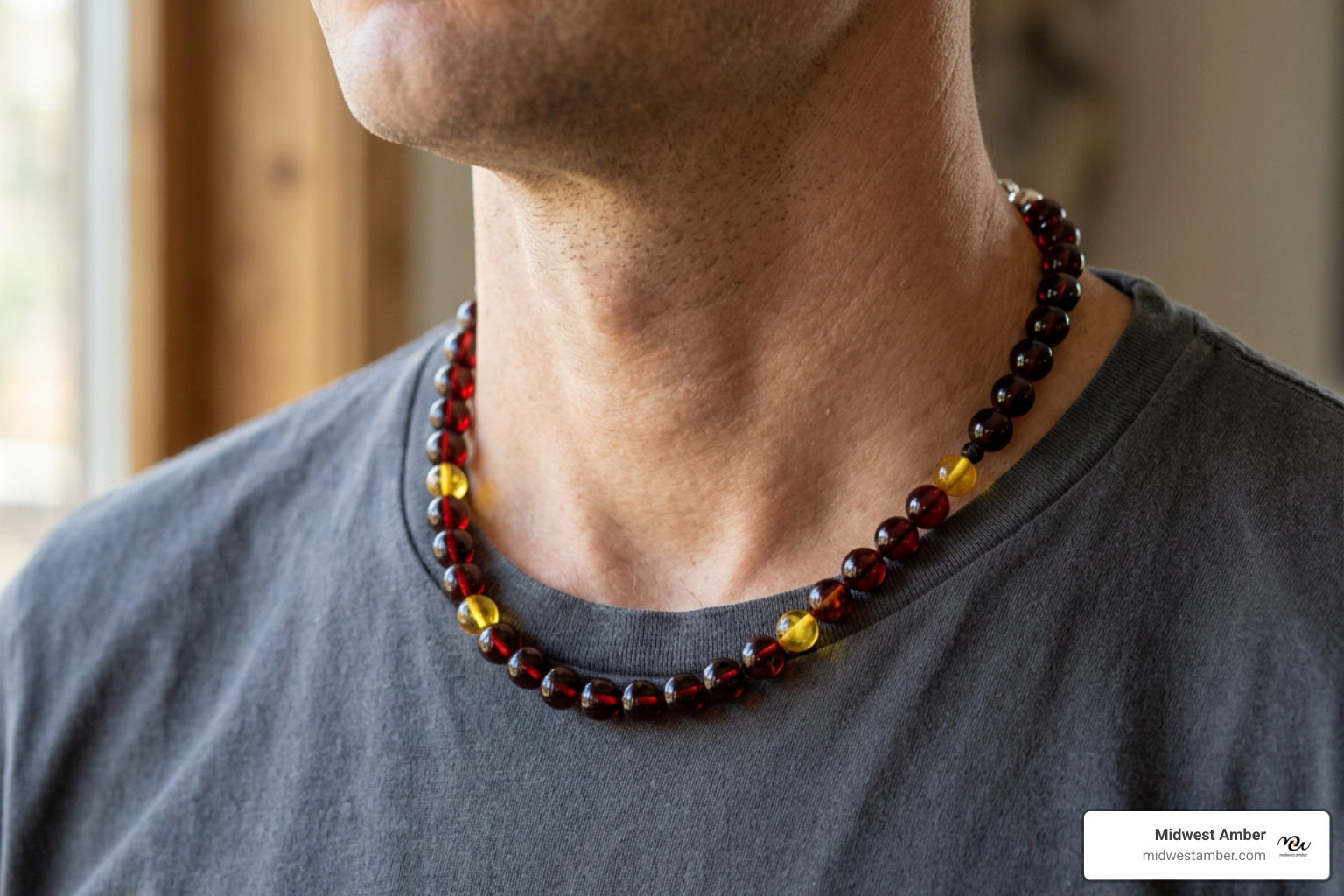 7mm rounded dark cherry amber beads with lemon accents
