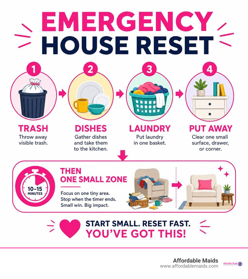 Emergency house reset: trash, dishes, laundry, put away, then one small zone infographic Emergency house reset: trash, dishes, laundry, put away, then one small zone infographic