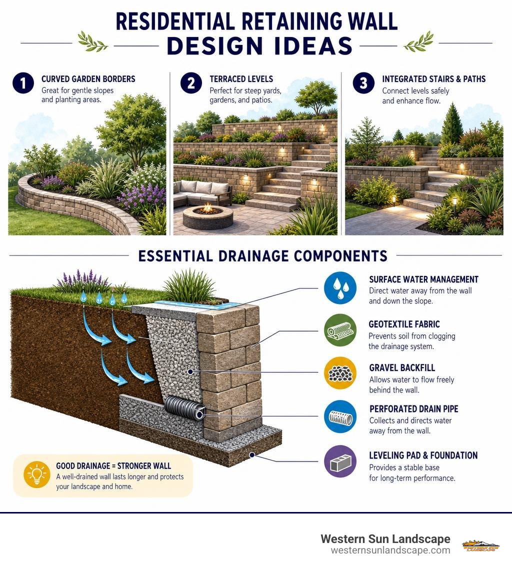 Residential retaining wall design ideas and essential drainage components infographic