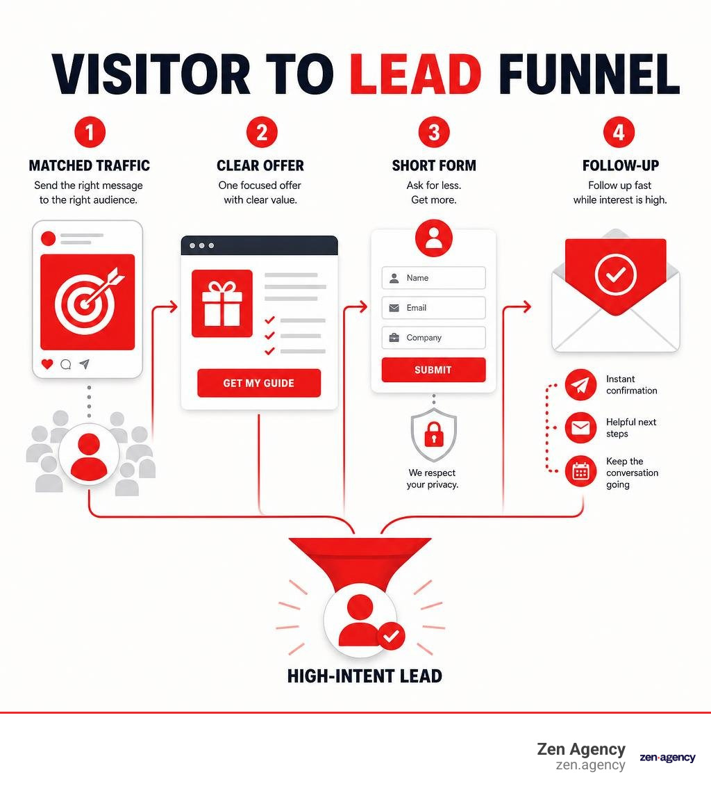 Visitor to lead funnel: matched traffic, clear offer, short form, follow-up infographic