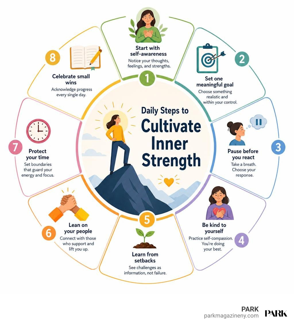 Infographic showing daily steps to cultivate inner strength infographic Infographic showing daily steps to cultivate inner strength infographic