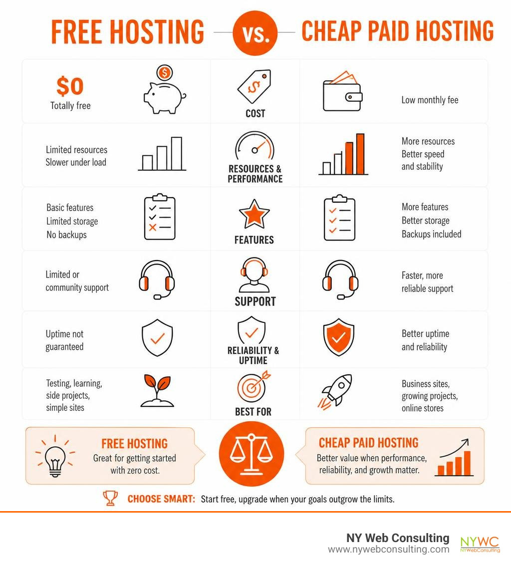 Free hosting versus cheap paid hosting comparison infographic Free hosting versus cheap paid hosting comparison infographic