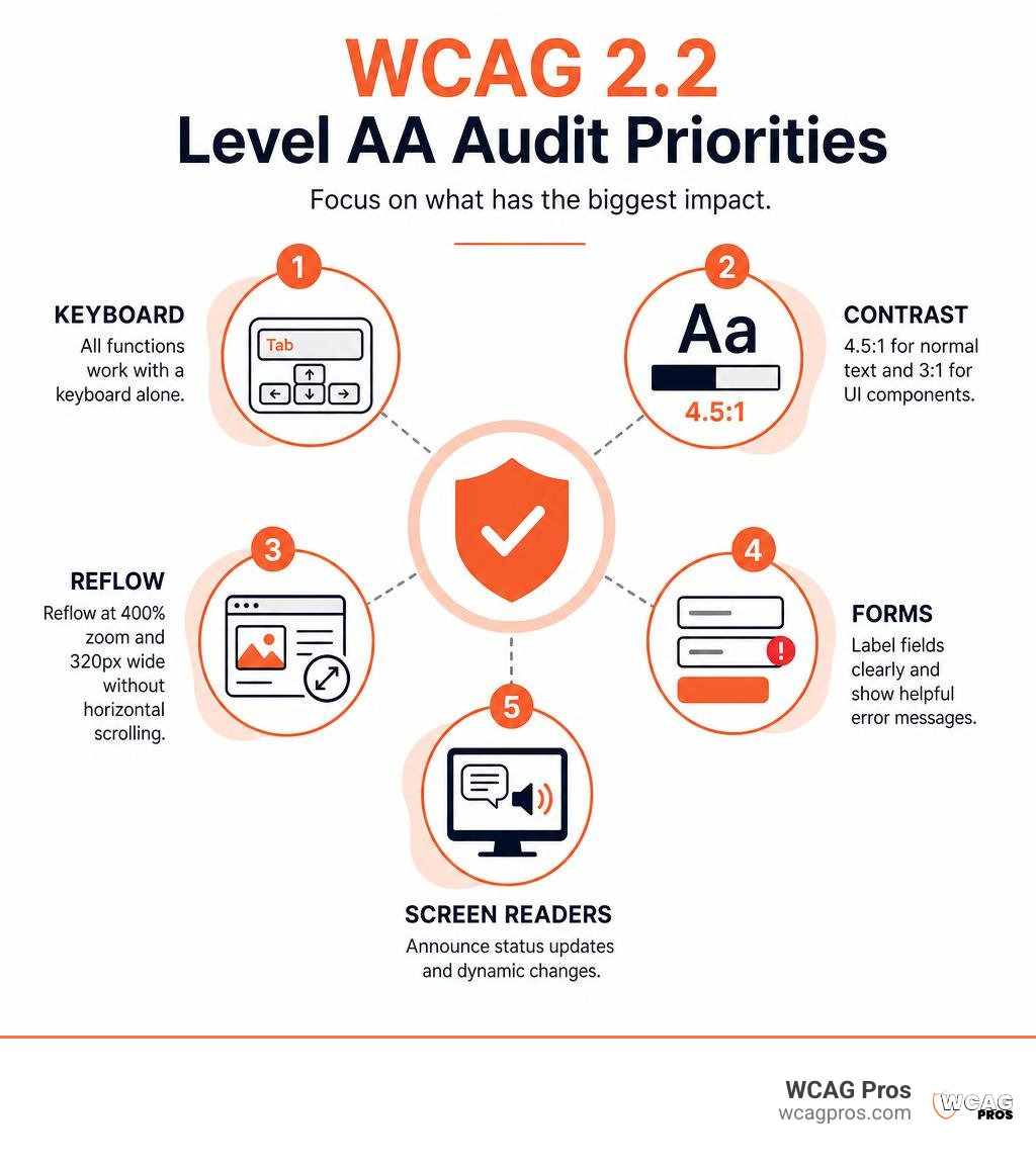 WCAG 2.2 Level AA audit priorities: keyboard, contrast, reflow, forms, and screen readers infographic WCAG 2.2 Level AA audit priorities: keyboard, contrast, reflow, forms, and screen readers infographic