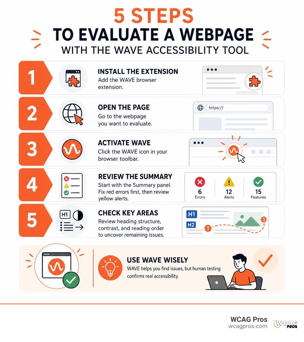 Five steps to evaluate a webpage with the WAVE accessibility tool infographic Five steps to evaluate a webpage with the WAVE accessibility tool infographic
