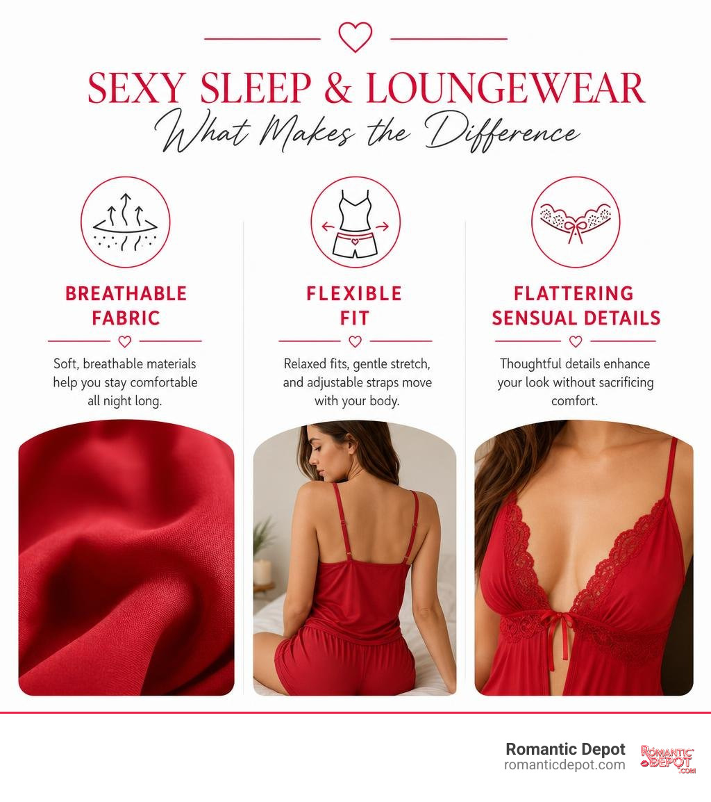 Infographic comparing breathable fabric, flexible fit, and flattering sensual details infographic