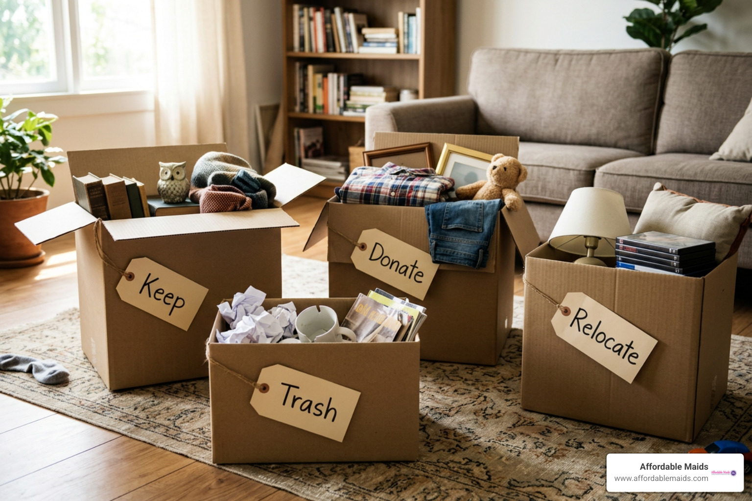 four sorting boxes labeled keep donate trash relocate four sorting boxes labeled keep donate trash relocate