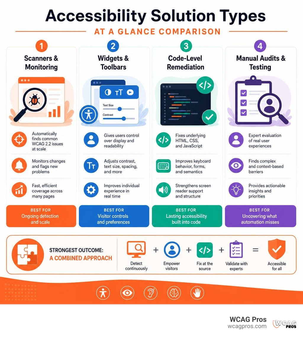 Comparison of accessibility solution types: scanners, widgets, code remediation, and manual audits infographic Comparison of accessibility solution types: scanners, widgets, code remediation, and manual audits infographic