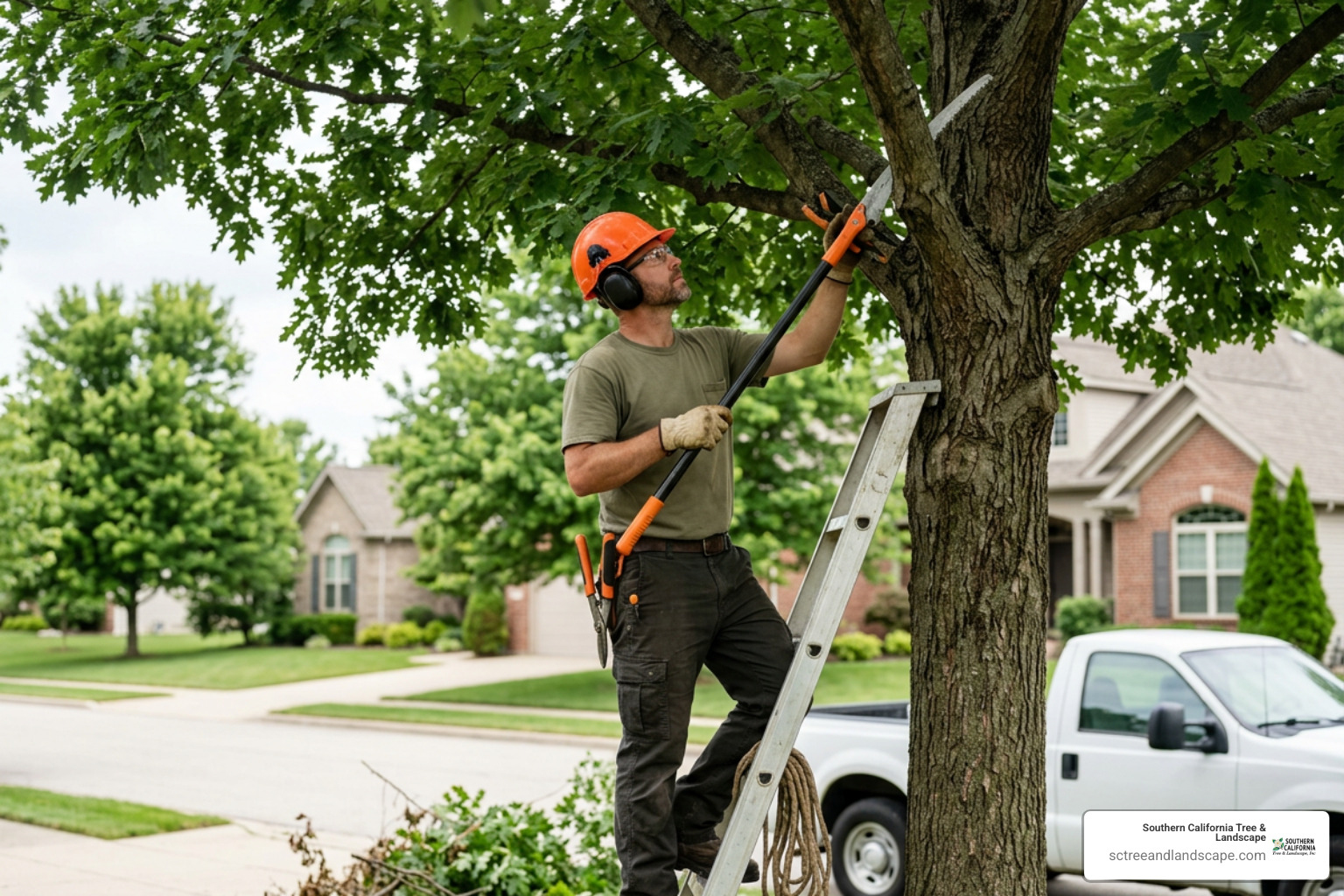 certified arborist inspecting canopy structure with pruning equipment