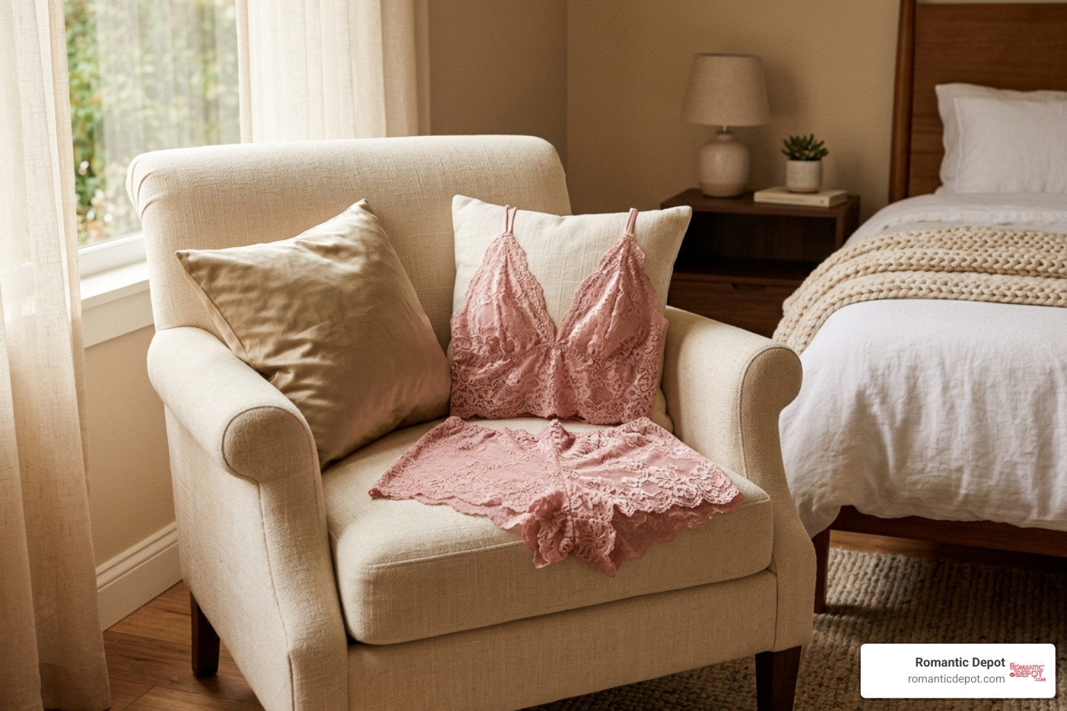 deep V lace loungewear set styled on an armchair