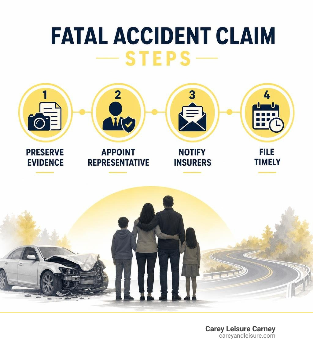 Fatal accident claim steps: preserve evidence, appoint representative, notify insurers, file timely infographic
