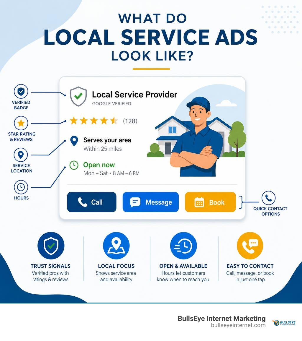 Infographic showing an LSA card with badge, rating, hours, location, and contact buttons infographic