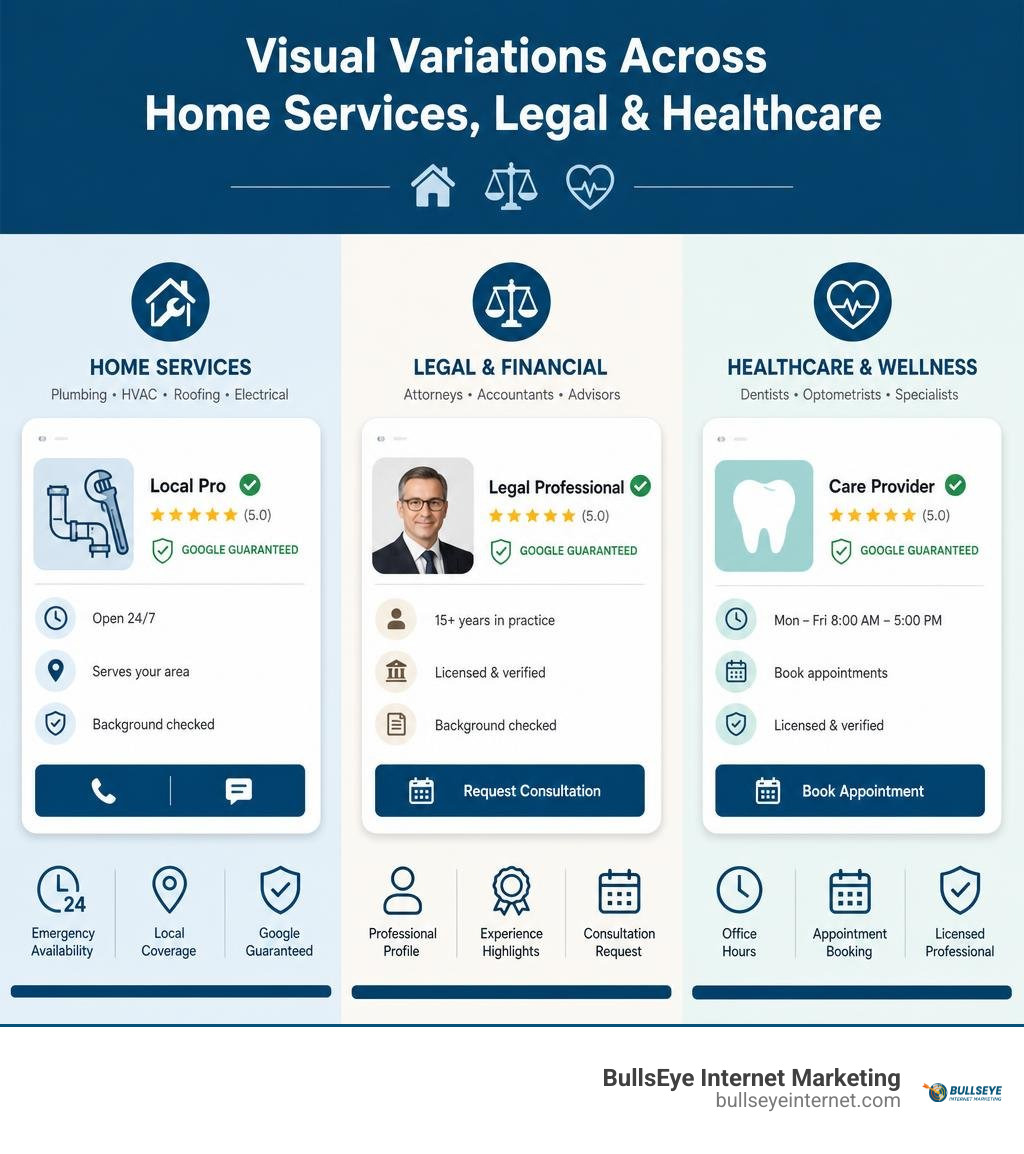 Infographic detailing visual variations across home services, legal, and healthcare infographic