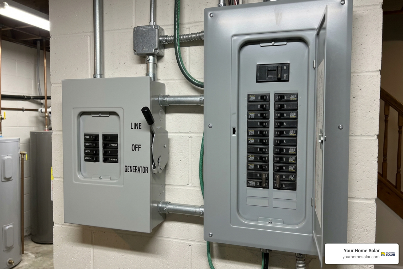 Manual transfer switch installed next to a residential circuit breaker Manual transfer switch installed next to a residential circuit breaker