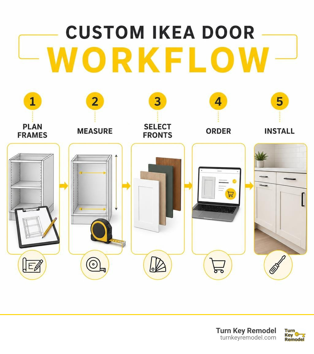 Custom IKEA door workflow: plan frames, measure, select fronts, order, install infographic Custom IKEA door workflow: plan frames, measure, select fronts, order, install infographic