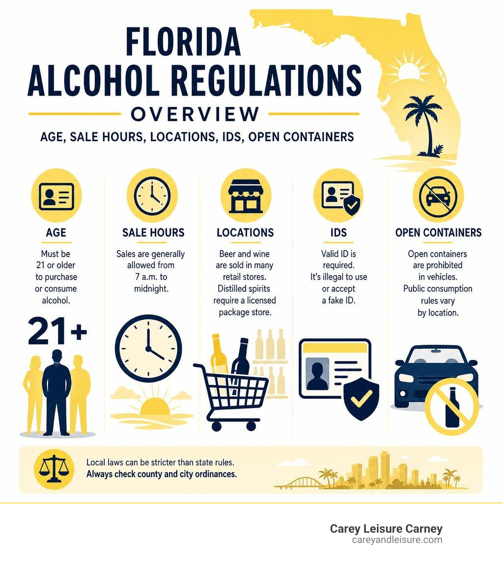 Florida alcohol regulations overview: age, sale hours, locations, IDs, open containers infographic