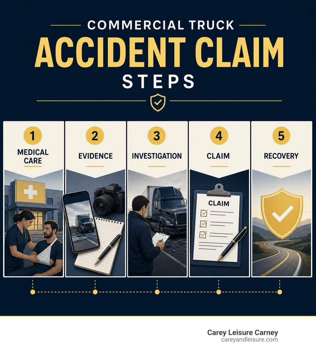 Commercial truck accident claim steps: medical care, evidence, investigation, claim, recovery infographic Commercial truck accident claim steps: medical care, evidence, investigation, claim, recovery infographic