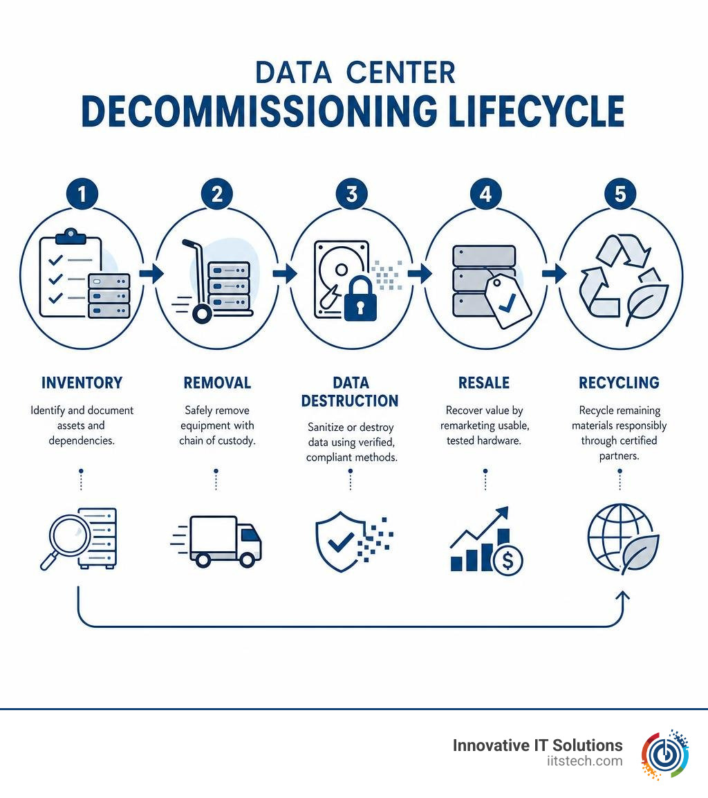 Data center decommissioning lifecycle: inventory, removal, data destruction, resale, recycling infographic
