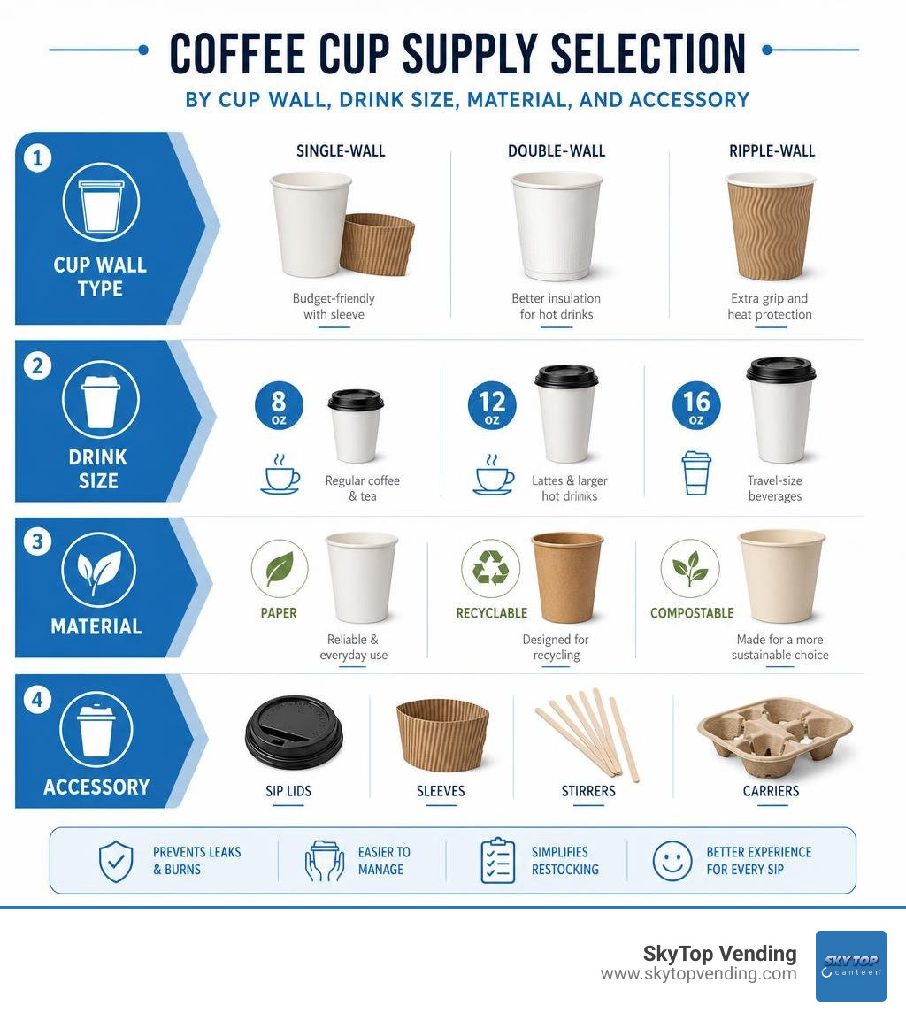 Coffee cup supply selection by cup wall, drink size, material, and accessory infographic Coffee cup supply selection by cup wall, drink size, material, and accessory infographic