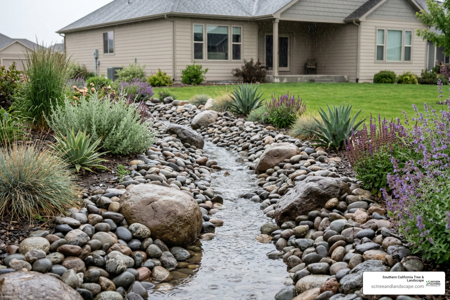 Decorative dry creek bed managing surface runoff across a residential yard Decorative dry creek bed managing surface runoff across a residential yard