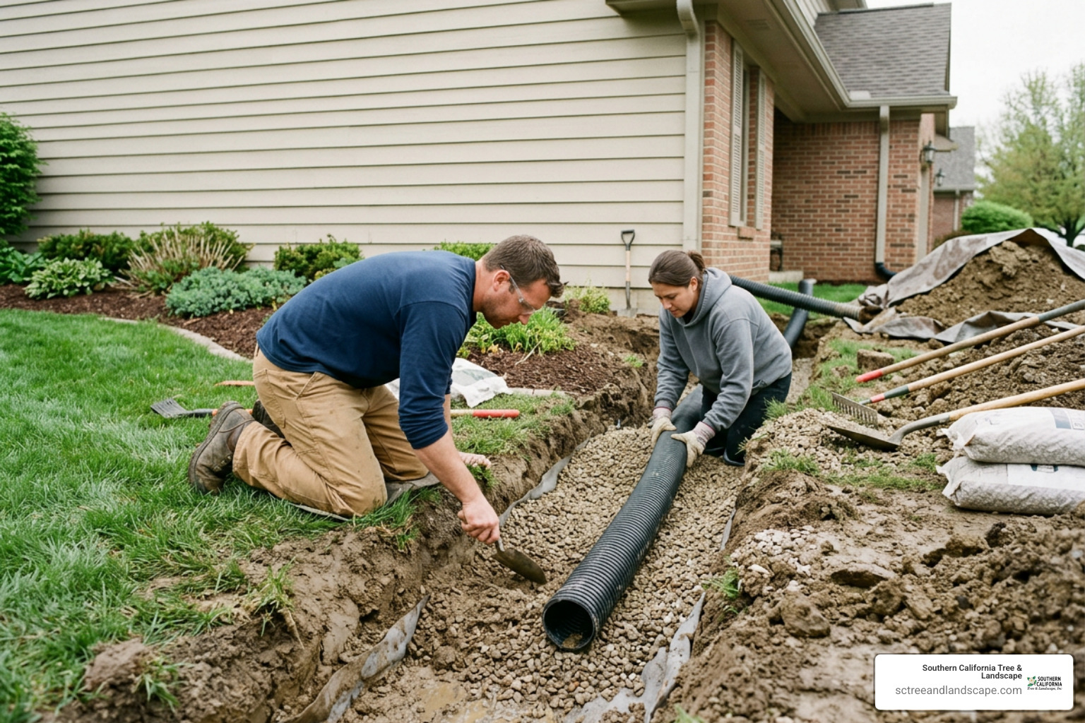 Subsurface drainage pipe and gravel trench installation Subsurface drainage pipe and gravel trench installation