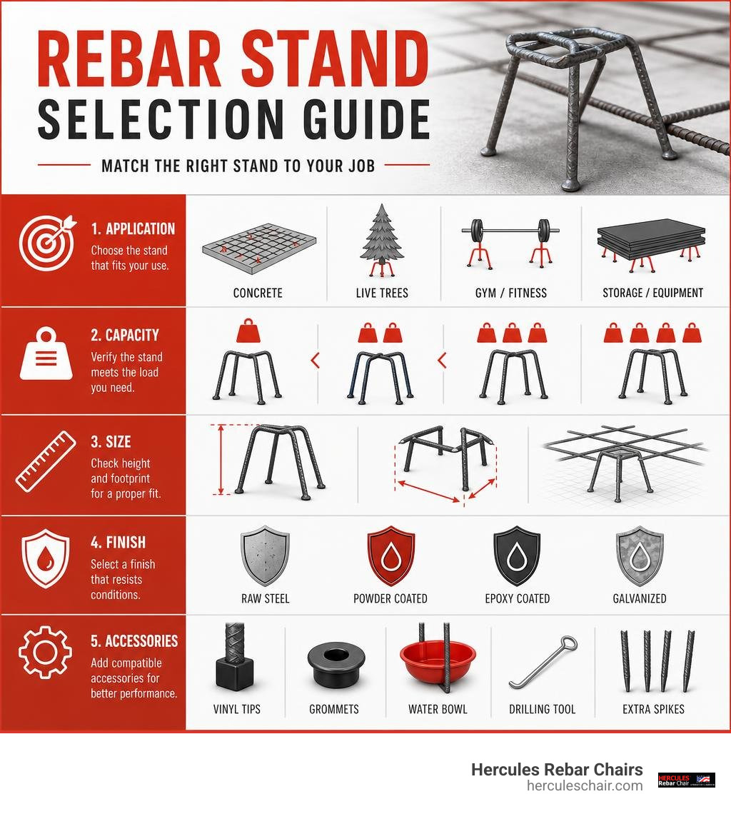 Rebar stand selection by application, capacity, size, finish, and accessories infographic Rebar stand selection by application, capacity, size, finish, and accessories infographic