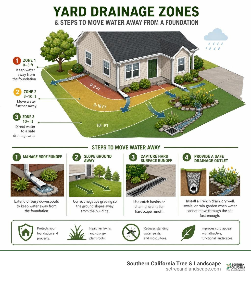 Yard drainage zones and steps to move water away from a foundation infographic Yard drainage zones and steps to move water away from a foundation infographic