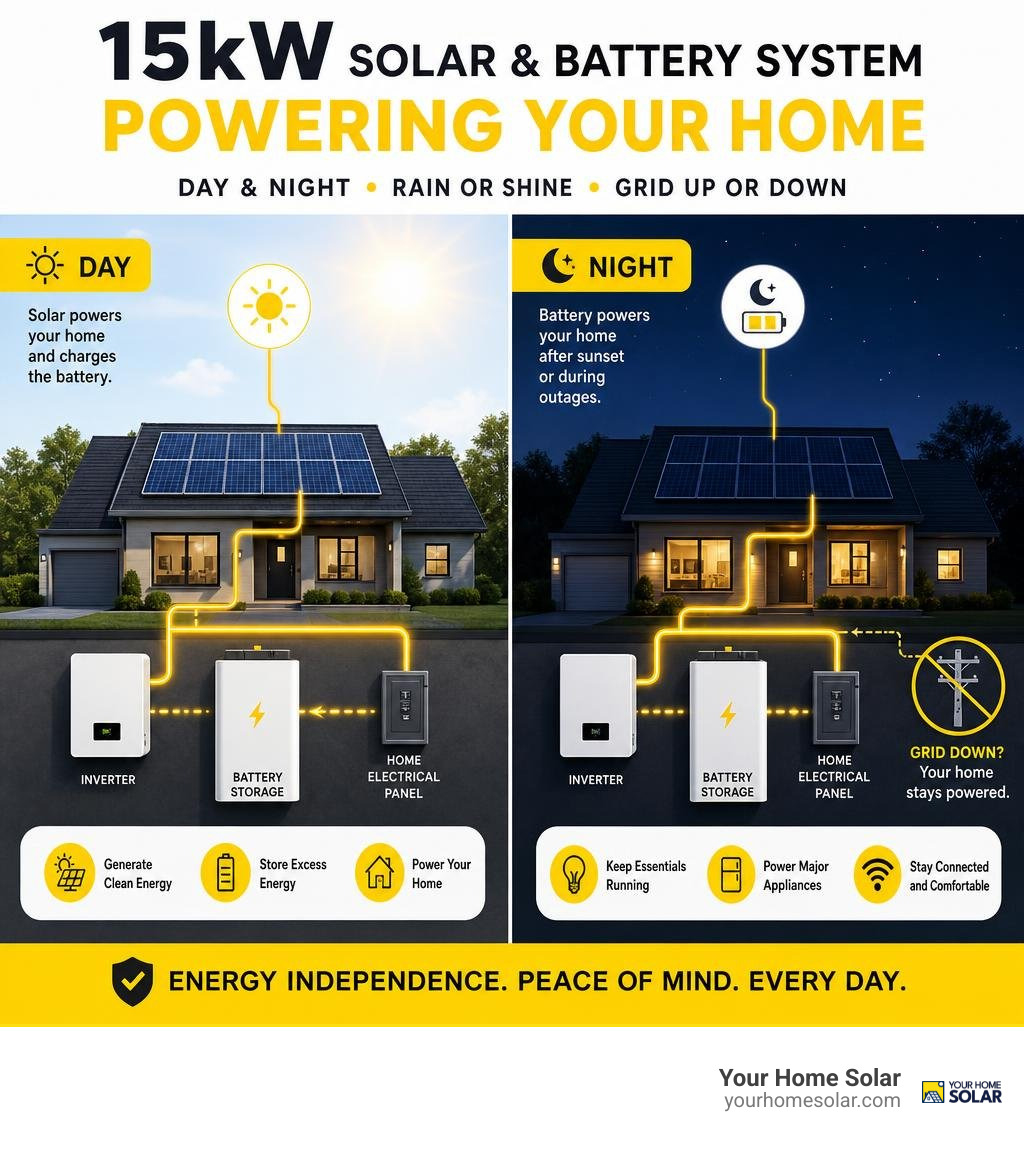 15kW solar and battery system powering home day and night infographic 15kW solar and battery system powering home day and night infographic