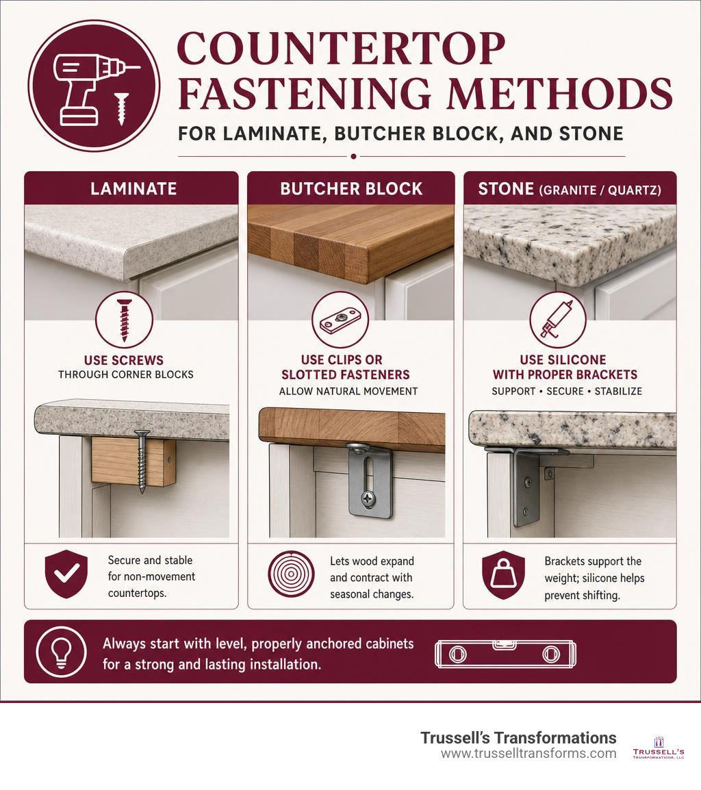 Countertop Fastening Methods For Laminate, Butcher Block, And Stone Infographic Countertop Fastening Methods For Laminate, Butcher Block, And Stone Infographic