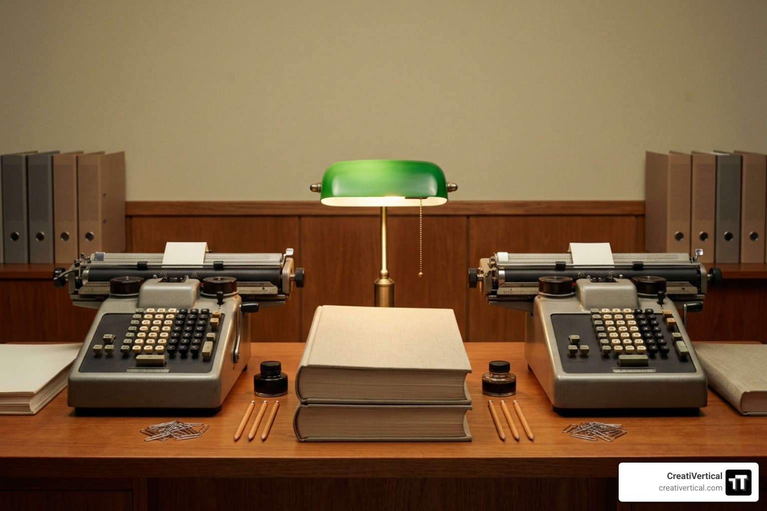 Balanced mid-century workspace with analog calculating machines and ledgers