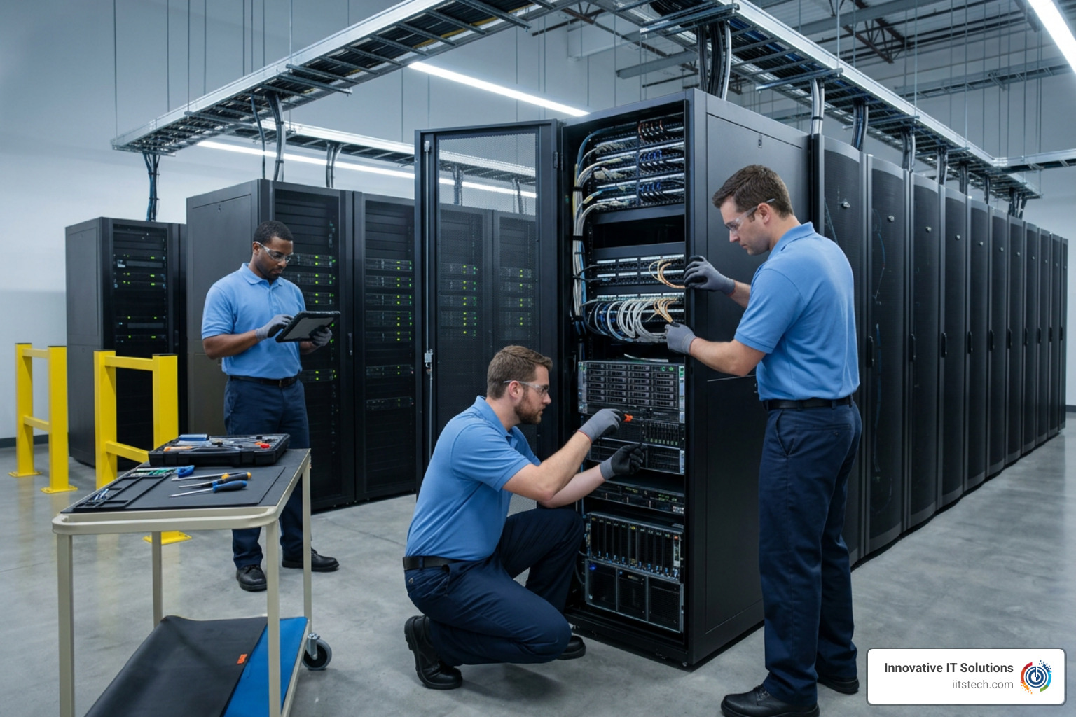 technicians disassembling enterprise server racks safely